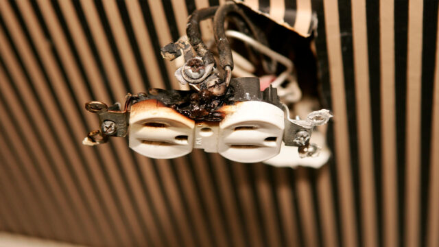 An outlet has been melted from bad wiring.
